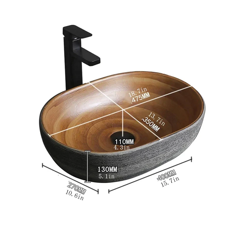 Smooth Glazed Ceramic Countertop Bathroom Sink With Graceful Oval Vessel Shape, Hand Carved Curves That Bring Next Level Vanity Vibes, Heavy Duty Construction Built To Handle Daily Use Without Skipping A Beat, Includes Matched Copper Hardware And