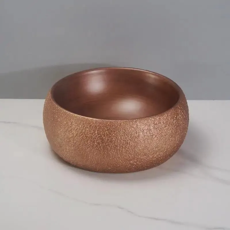 Modern Rose Gold Vessel Bathroom Sink Top Mount Round Ceramic Basin Over Counter Washstand Swanky Glossy Finish Effortless Design Standout Home Decor Premium Mini Tub For Luxe Spaces And Spa Sets