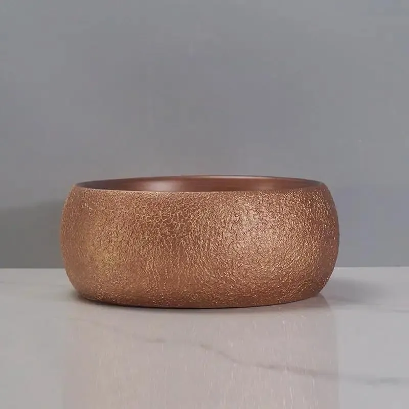 Modern Rose Gold Vessel Bathroom Sink Top Mount Round Ceramic Basin Over Counter Washstand Swanky Glossy Finish Effortless Design Standout Home Decor Premium Mini Tub For Luxe Spaces And Spa Sets