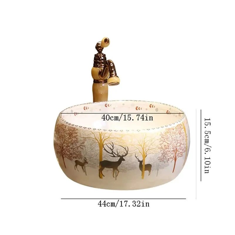 Absolute Stunner Ceramic Vessel Sink For Bathroom Countertop Modern Nordic Round Washbasin Comes With Faucet Gorgeous Forest Art Pattern Levels Up Your Entire Setup