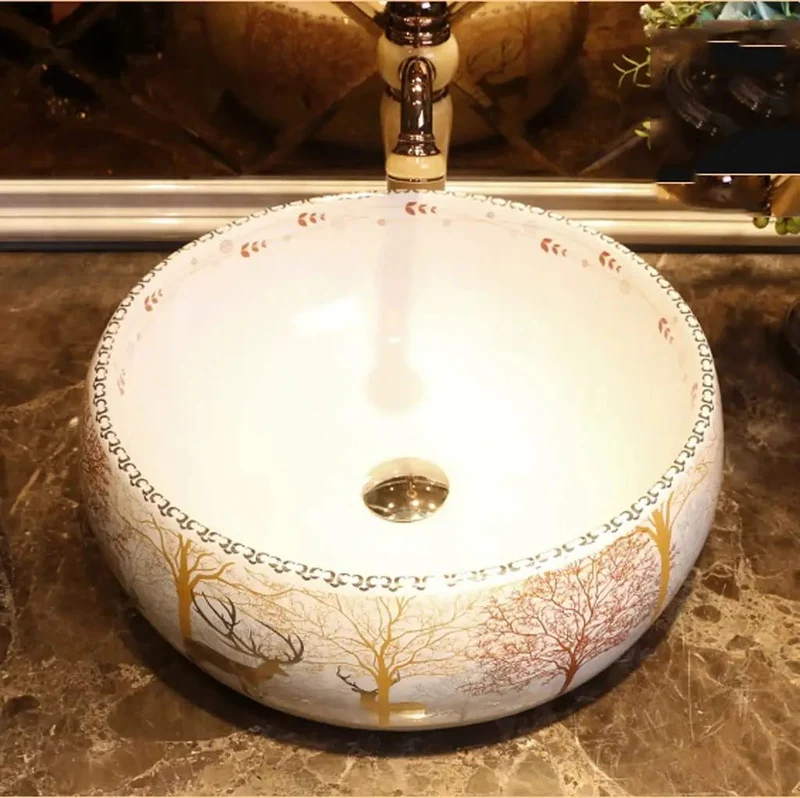 Absolute Stunner Ceramic Vessel Sink For Bathroom Countertop Modern Nordic Round Washbasin Comes With Faucet Gorgeous Forest Art Pattern Levels Up Your Entire Setup