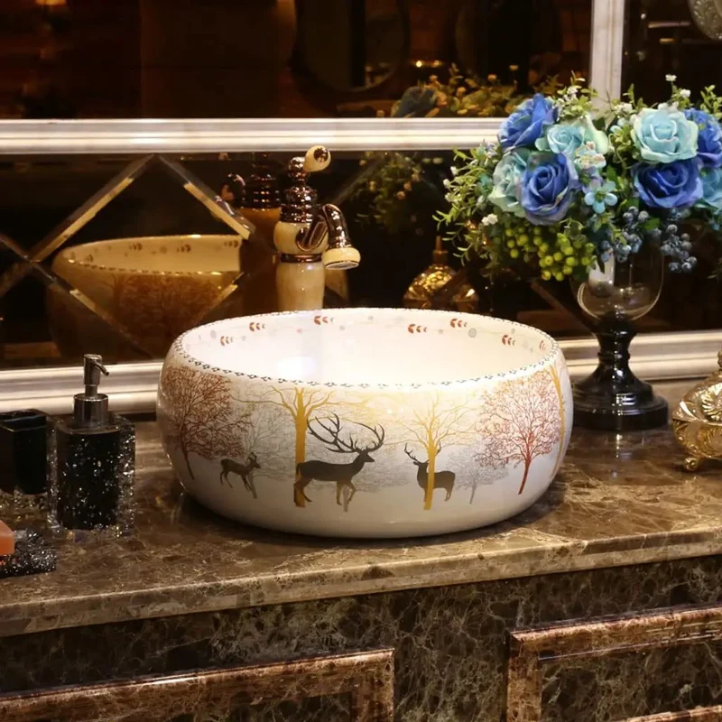Absolute Stunner Ceramic Vessel Sink For Bathroom Countertop Modern Nordic Round Washbasin Comes With Faucet Gorgeous Forest Art Pattern Levels Up Your Entire Setup