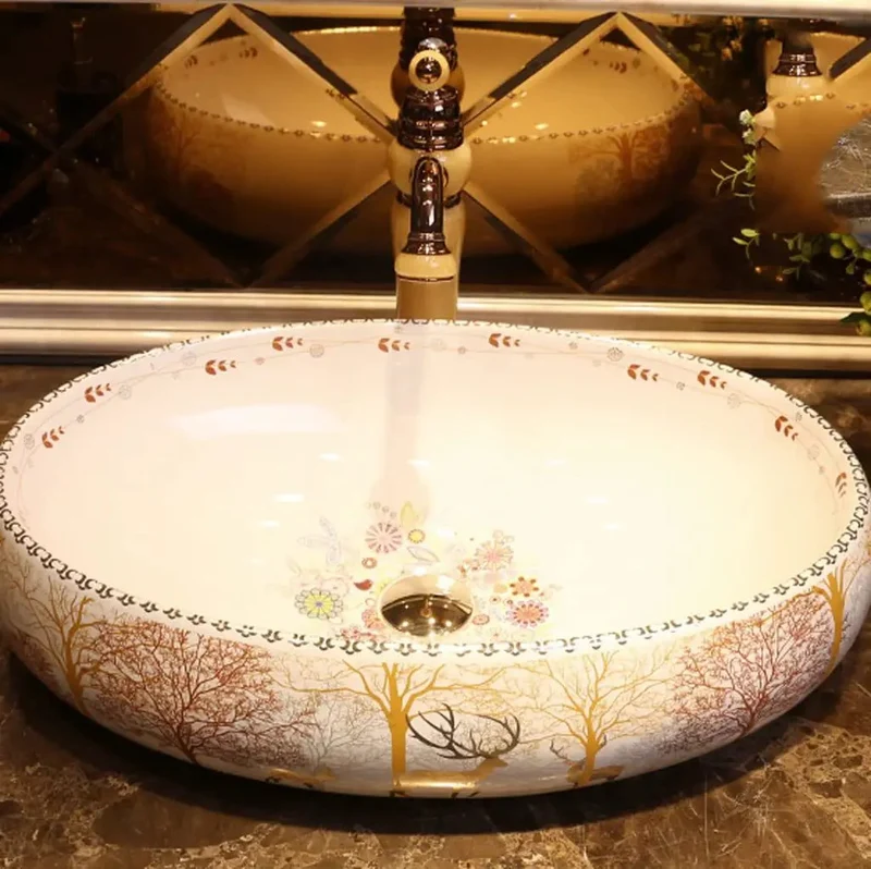 Slick Ceramic Vessel Sink For Modern Bathroom Countertop Basin With Matching Faucet Featuring Gorgeous Forest Art Motifs And Nordic Vibes This Top Tier Vanity Washbasin Brings Hella Style To Your Daily Wash Routine And Real Charm