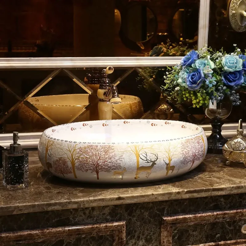 Slick Ceramic Vessel Sink For Modern Bathroom Countertop Basin With Matching Faucet Featuring Gorgeous Forest Art Motifs And Nordic Vibes This Top Tier Vanity Washbasin Brings Hella Style To Your Daily Wash Routine And Real Charm