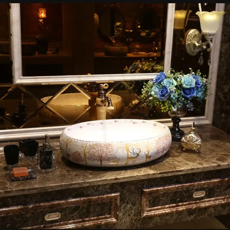 Slick Ceramic Vessel Sink For Modern Bathroom Countertop Basin With Matching Faucet Featuring Gorgeous Forest Art Motifs And Nordic Vibes This Top Tier Vanity Washbasin Brings Hella Style To Your Daily Wash Routine And Real Charm