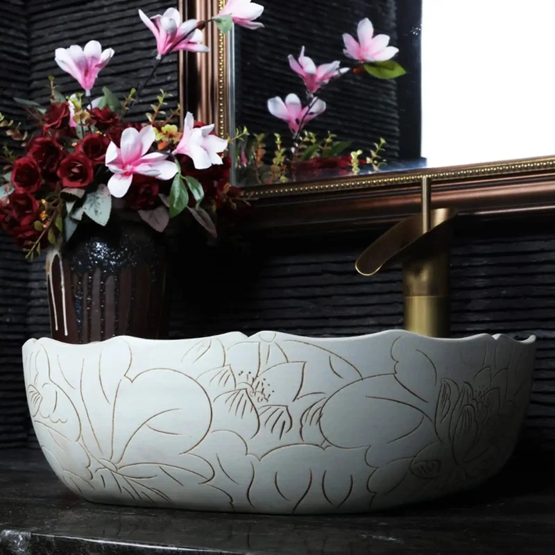 Square Ceramic Vessel Sink Featuring Hand Carved Lotus Motif And Premium Countertop Bathroom Washbasin Delivering Top Shelf Styling And A Total Room Glow Up With Zero Sweat Setup