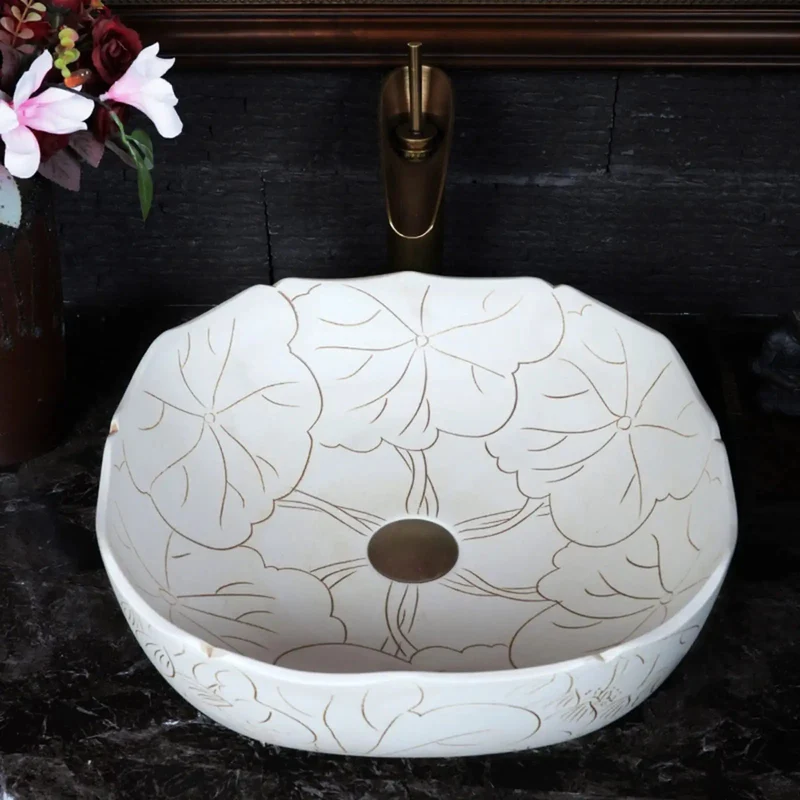 Square Ceramic Vessel Sink Featuring Hand Carved Lotus Motif And Premium Countertop Bathroom Washbasin Delivering Top Shelf Styling And A Total Room Glow Up With Zero Sweat Setup