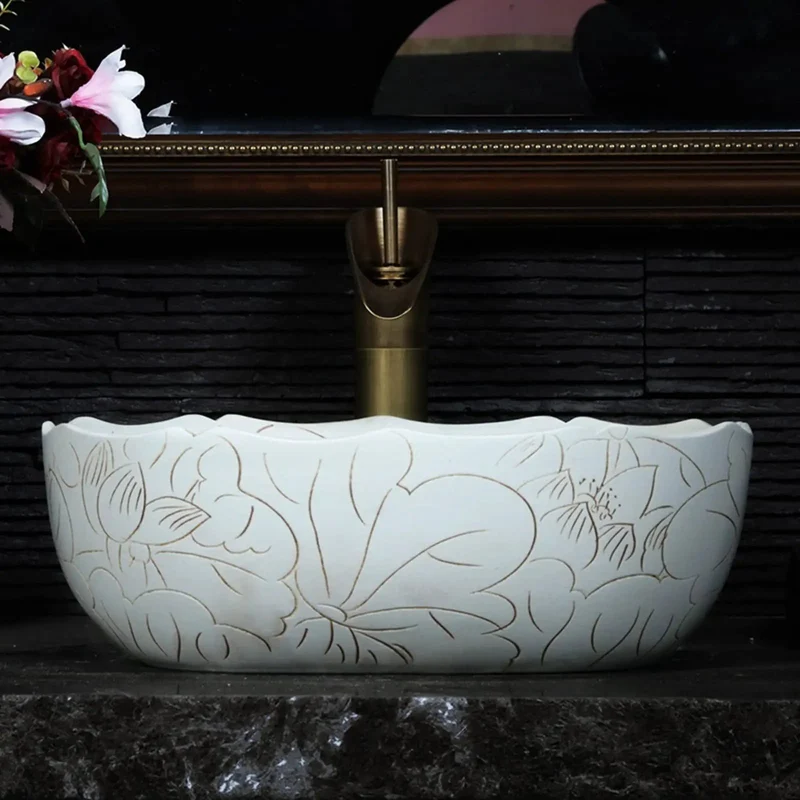 Square Ceramic Vessel Sink Featuring Hand Carved Lotus Motif And Premium Countertop Bathroom Washbasin Delivering Top Shelf Styling And A Total Room Glow Up With Zero Sweat Setup