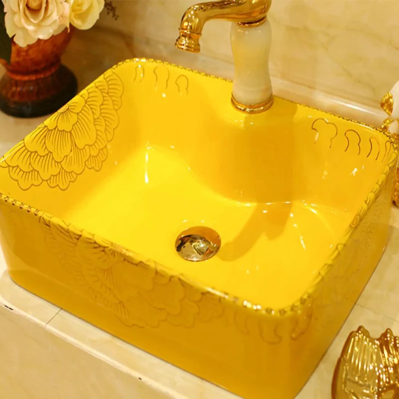 Top Shelf Gold Rectangle Vessel Sink Above Counter Bathroom Vanity Basin Premium Ceramic Countertop Washbasin Lowkey Stylish House Refresh Staple With Smooth Daily Flow And Clean Urban Vibes