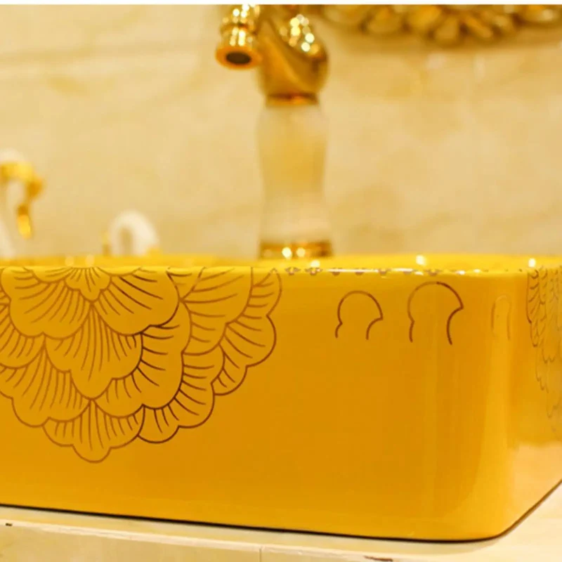 Top Shelf Gold Rectangle Vessel Sink Above Counter Bathroom Vanity Basin Premium Ceramic Countertop Washbasin Lowkey Stylish House Refresh Staple With Smooth Daily Flow And Clean Urban Vibes