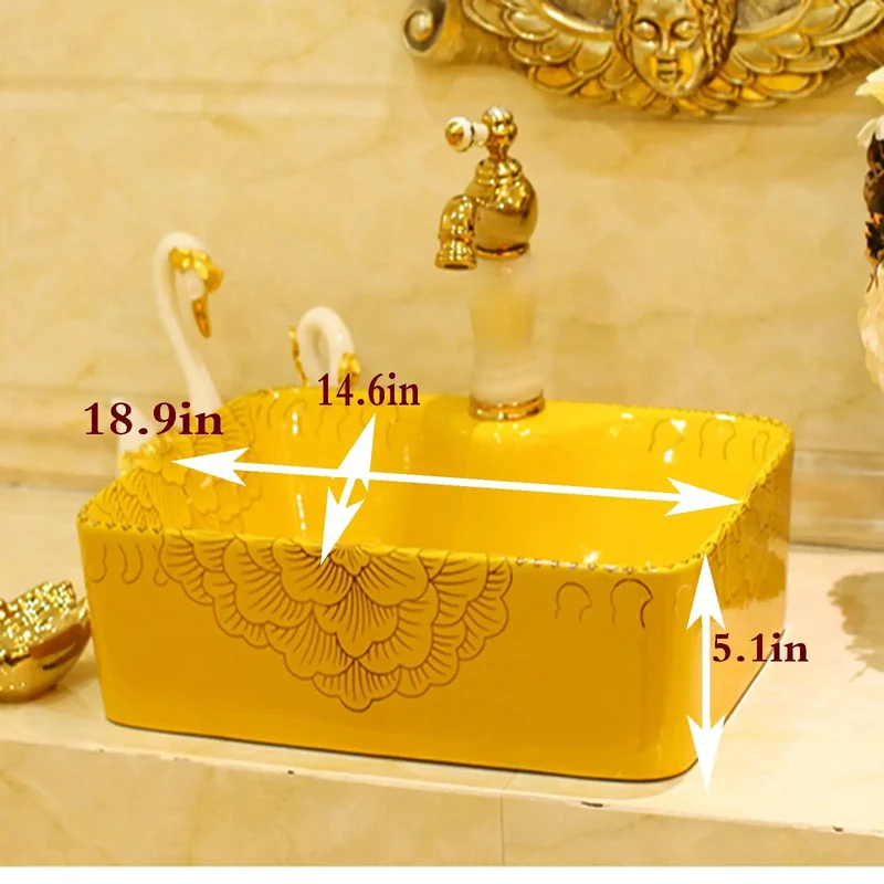 Top Shelf Gold Rectangle Vessel Sink Above Counter Bathroom Vanity Basin Premium Ceramic Countertop Washbasin Lowkey Stylish House Refresh Staple With Smooth Daily Flow And Clean Urban Vibes