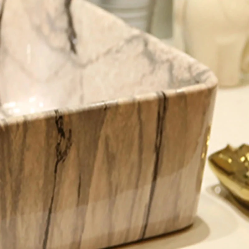 Professional Grade Rectangular Ceramic Vessel Sink With Slick Marble Veining And Complete Faucet Kit Hassle Free Countertop Setup For Show Stopping Bathroom Vanity