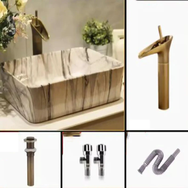Professional Grade Rectangular Ceramic Vessel Sink With Slick Marble Veining And Complete Faucet Kit Hassle Free Countertop Setup For Show Stopping Bathroom Vanity