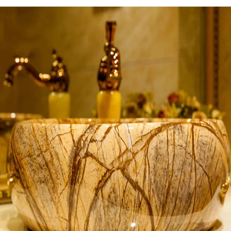 Super Sleek Round Ceramic Vessel Sink For Your Bath Comes Fully Loaded With Modern Faucet And Fast Drain Pipe Stylized Marbled Finish That Sits Perfectly On Any Vanity Zero Hassle Straight Forward Install