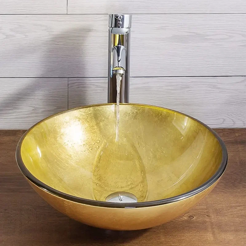 Savage Yellow Tempered Glass Vessel Sink Paired With Slick Chrome Faucet And Pop Up Drain For Trendy Above Counter Vanity Round Wash Basin Built Tough To Last Premium Quality Easy Install