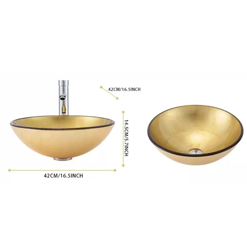 Savage Yellow Tempered Glass Vessel Sink Paired With Slick Chrome Faucet And Pop Up Drain For Trendy Above Counter Vanity Round Wash Basin Built Tough To Last Premium Quality Easy Install