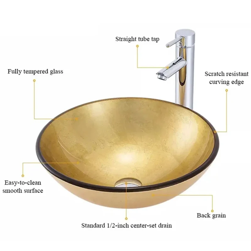 Savage Yellow Tempered Glass Vessel Sink Paired With Slick Chrome Faucet And Pop Up Drain For Trendy Above Counter Vanity Round Wash Basin Built Tough To Last Premium Quality Easy Install
