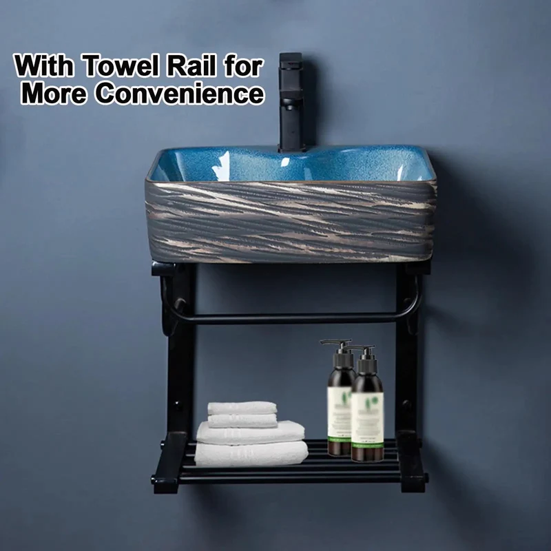Wall Mounted Premium High Density Ceramic Vessel Sink With Sleek Rectangular U Shaped Basin And Heavy Duty Faucet And Sturdy Metal Pedestal Stand For Compact Bathrooms