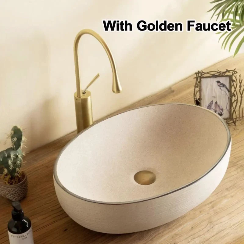 Heavy Duty Retro Oval Ceramic Vessel Sink Premium Countertop Basin Dark Brushed Texture Show Stopper For Modern Bathroom Vanity And Balcony Lavatory Wash Station Artisanal Finish Rock Solid Construction