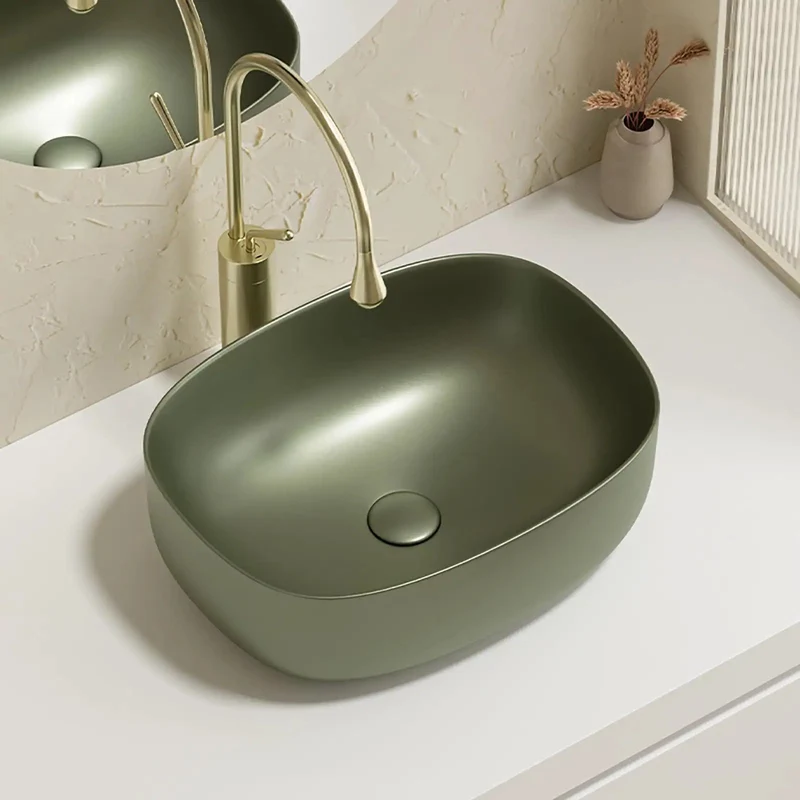 Retro Green Ceramic Vessel Sink With Hella Stylish Curved Shape For Above Counter Bathroom Vanity, Scratch Resistant Glaze, No Sweat Maintenance, Durable Construction For Guest Bath Or Balcony, 23.6 Inch