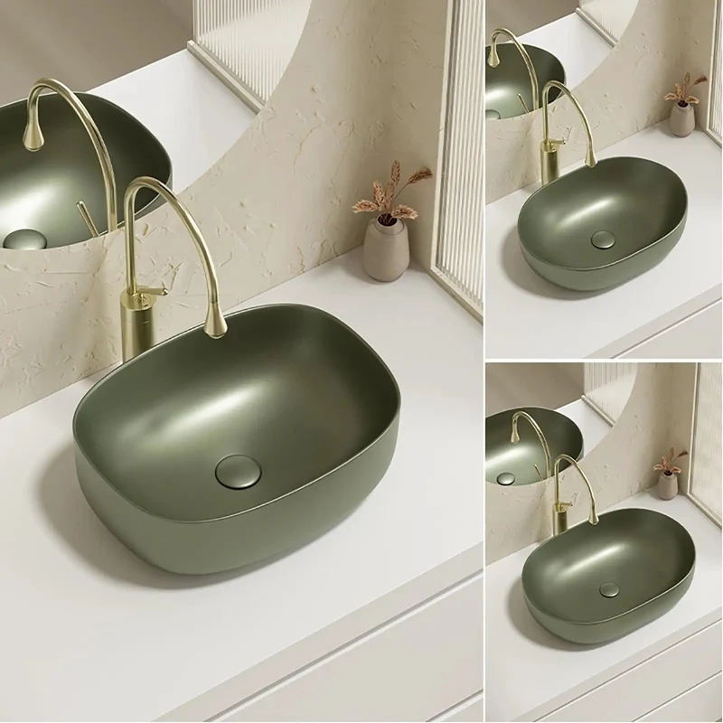 Retro Green Ceramic Vessel Sink With Hella Stylish Curved Shape For Above Counter Bathroom Vanity, Scratch Resistant Glaze, No Sweat Maintenance, Durable Construction For Guest Bath Or Balcony, 23.6 Inch