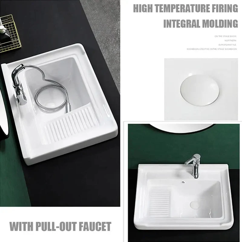 Heavy Duty Ceramic Laundry Sink With Faucet Trim Kit Square Vessel Basin Utility Washboard Balcony Room All In One Plumbing Bundle No Hassle Quick Install Now Available
