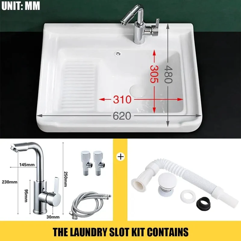 Heavy Duty Ceramic Laundry Sink With Faucet Trim Kit Square Vessel Basin Utility Washboard Balcony Room All In One Plumbing Bundle No Hassle Quick Install Now Available