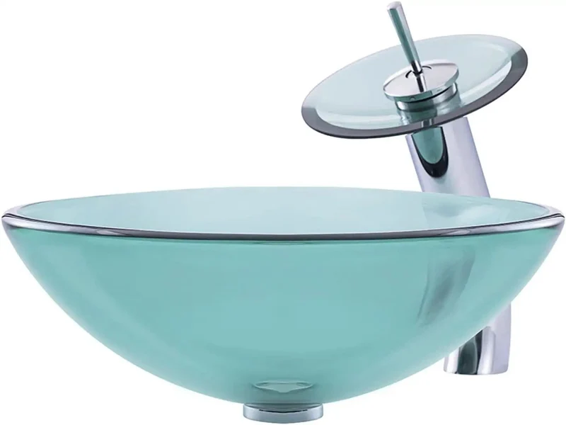 Heavy Duty Tempered Glass Vessel Sink With Waterfall Faucet And Drain Combo For Modern Bathroom Countertops Hella Durable Scratch Resistant Non Porous Top Slick Smooth Finish