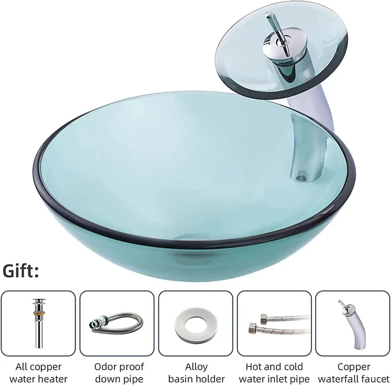 Heavy Duty Tempered Glass Vessel Sink With Waterfall Faucet And Drain Combo For Modern Bathroom Countertops Hella Durable Scratch Resistant Non Porous Top Slick Smooth Finish