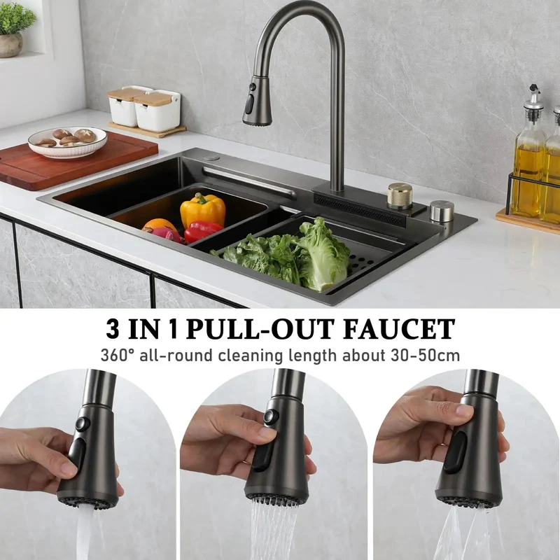 Killer Kitchen Sink Set With Slick Retractable Faucet And Pull Down Spray Head Includes Deep Bowl Basket Strainer Badass Cutting Board And No Hassle Siphon Drain Kit
