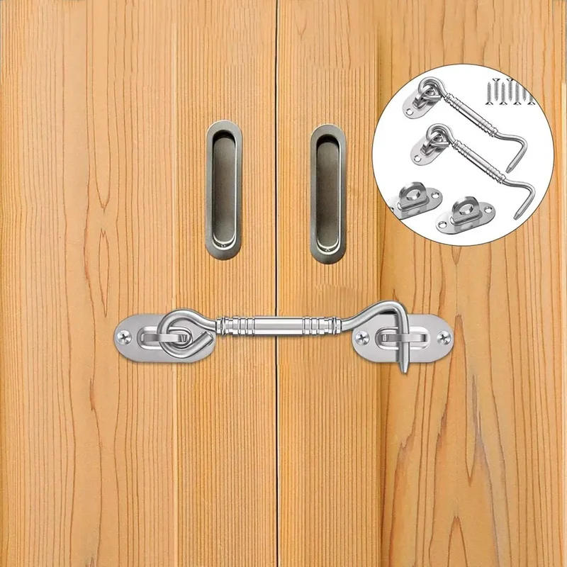 Quality Grade Four Inch Stainless Steel Hook And Eye Latch Set With Mounting Screws For Barn Doors Closets And Gates Rock Solid Grip Rust Proof Design No Sweat Installation Built Tough For Secure Closure