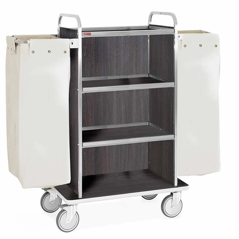 Housekeepingwagen Edelstahl , 4 Böden & 2 Wäschesäcken , Dekor Eiche Dunkel, C2SL/2-NC