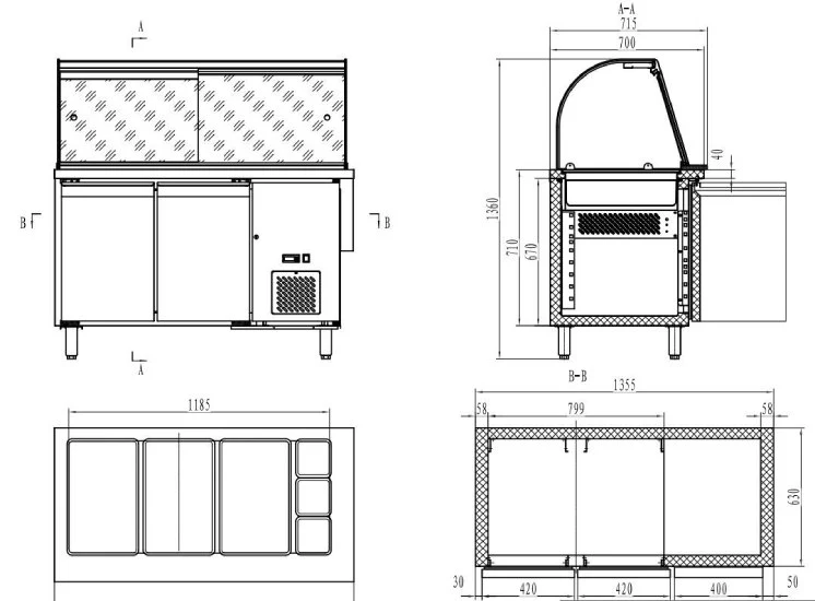 700 Kühltisch / Salattheke mit Aufsatzglas und 2 Türen 3X 1/1 + 3X 1/6 GN - Behälter Premium +