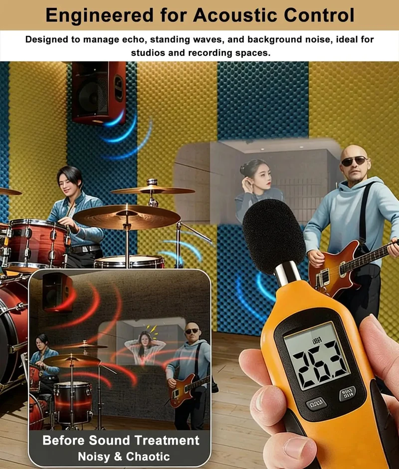 Orange High-Density Acoustic Foam Panels with Self Adhesive Peel and Stick to Banish Echo for Studio Vibes. These Easy Cut Soundproofing Wall Panels Offer Nifty Noise Reduction for Music Rooms and Home Theaters. A Dope Audio Dampening Solution.