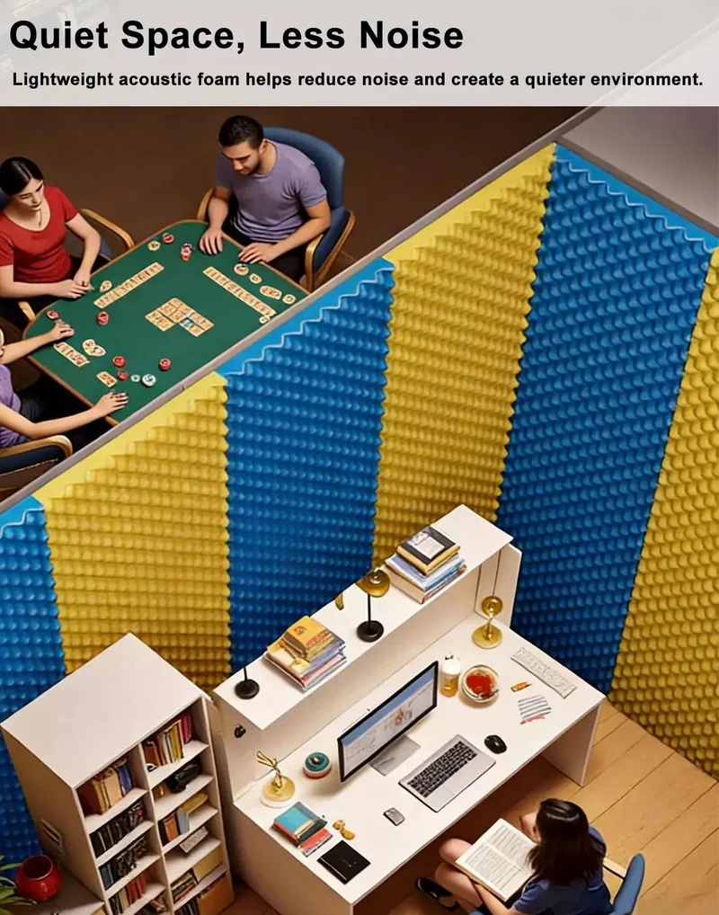 Orange High-Density Acoustic Foam Panels with Self Adhesive Peel and Stick to Banish Echo for Studio Vibes. These Easy Cut Soundproofing Wall Panels Offer Nifty Noise Reduction for Music Rooms and Home Theaters. A Dope Audio Dampening Solution.