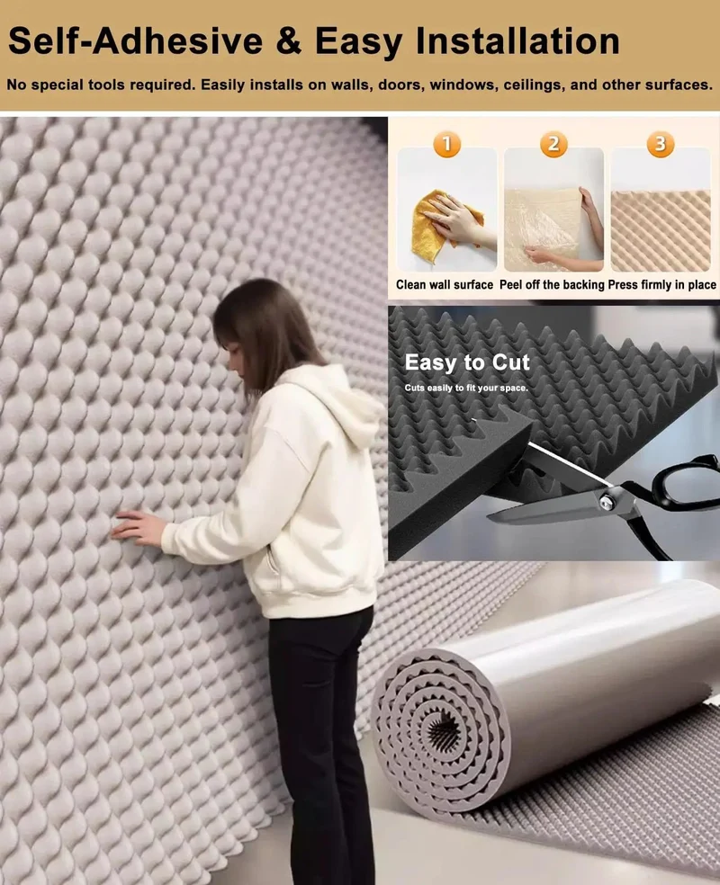 Orange High-Density Acoustic Foam Panels with Self Adhesive Peel and Stick to Banish Echo for Studio Vibes. These Easy Cut Soundproofing Wall Panels Offer Nifty Noise Reduction for Music Rooms and Home Theaters. A Dope Audio Dampening Solution.