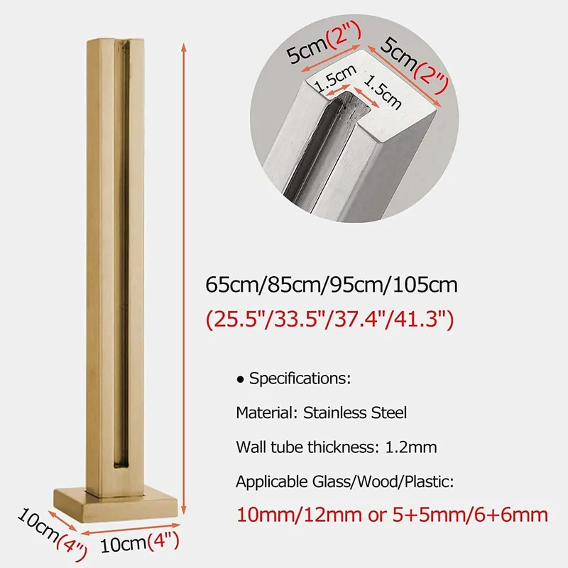 Kickass Heavy Duty Gold Staircase Glass Railing Post System With Square Stainless Steel Balusters And Clamps For Ten Or Twelve Millimeter Glass Kickass Balcony Deck Safety Kit No Sweat Install