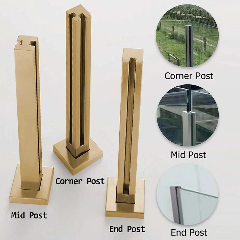 Kickass Heavy Duty Gold Staircase Glass Railing Post System With Square Stainless Steel Balusters And Clamps For Ten Or Twelve Millimeter Glass Kickass Balcony Deck Safety Kit No Sweat Install