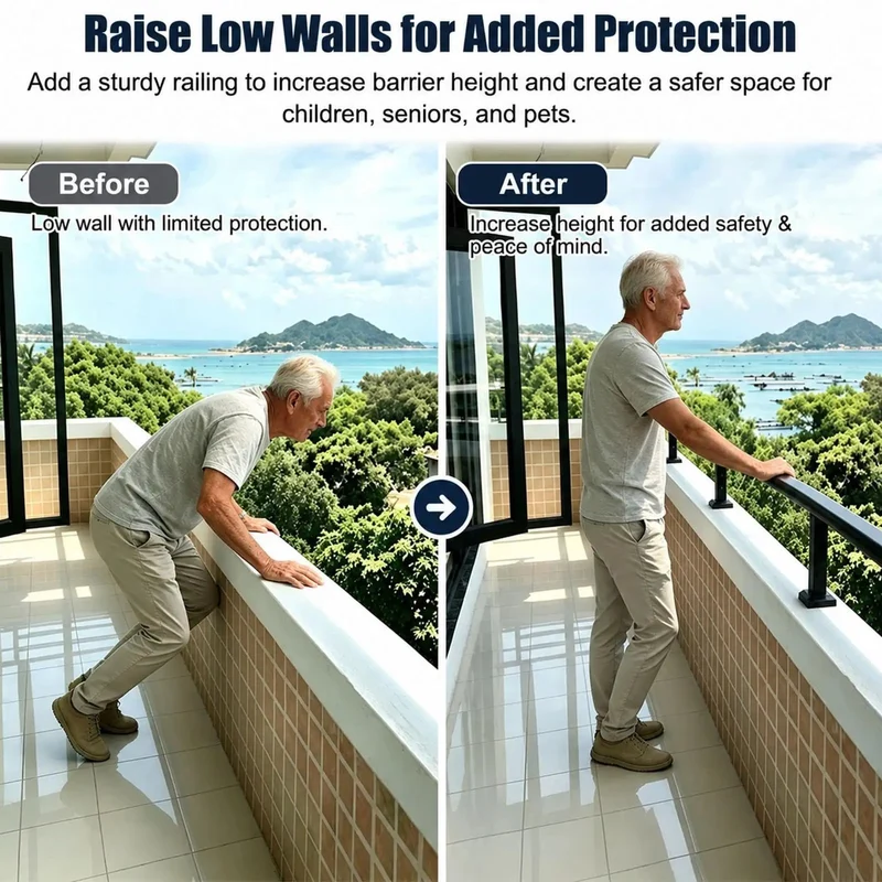 Height Increasing Balcony Railing Kit With Wall Extender For Low Walls Delivers Hella Secure Safety Barrier For Kids And Pets Featuring No Sweat Lightweight Assembly And Beastly Strength Durability