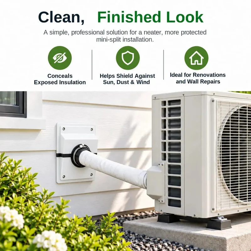 Knockout HVAC Wall Penetration Cover Kit That Slays Ugly AC Line Sets With Slick Split System Wall Sleeve Insulation Protector For Seamless Indoor Outdoor Air Conditioner Pipe Wrap And Ugly Foam Concealment In White