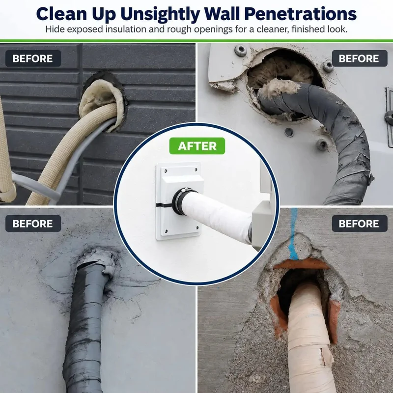 Knockout HVAC Wall Penetration Cover Kit That Slays Ugly AC Line Sets With Slick Split System Wall Sleeve Insulation Protector For Seamless Indoor Outdoor Air Conditioner Pipe Wrap And Ugly Foam Concealment In White